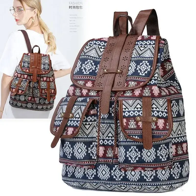 sac à dos tendance de grande capacité pour femmes, sac à dos décontracté avec cordon de serrage, motif géométrique, style national et exotique