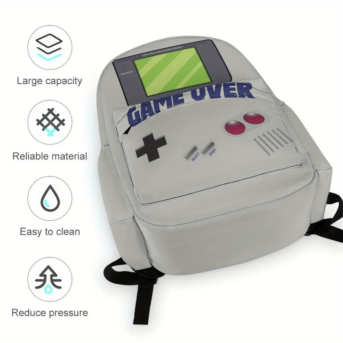 sac à dos gamer léger en tissu oxford avec motif « game over » et design rétro de manette de jeu