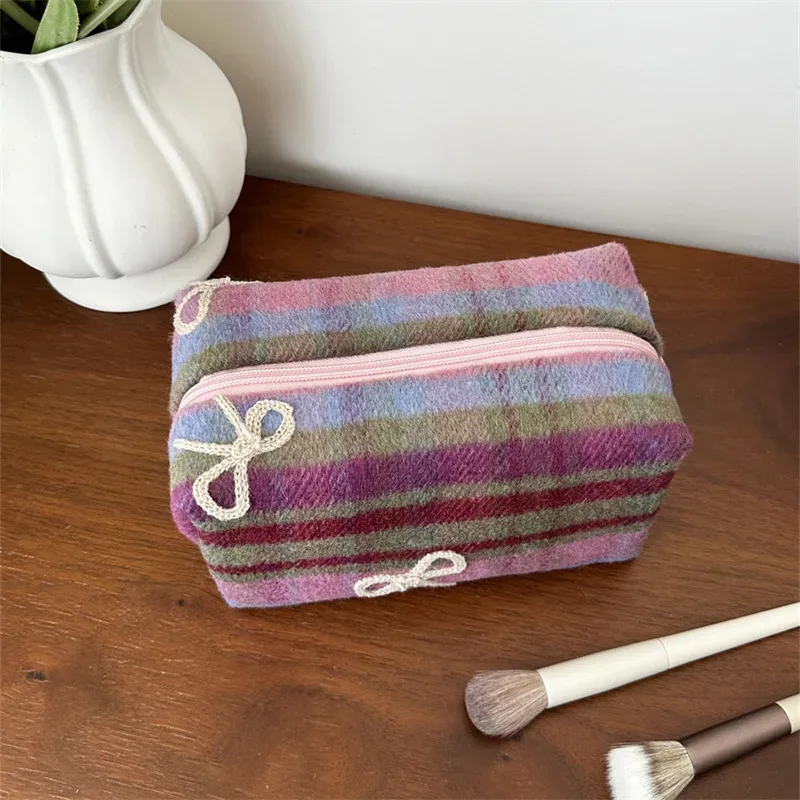 sac de maquillage à carreaux doux pour la saint-valentin, nouvel an, organisateur d'arc en tweed, trousse de toilette de grande capacité, pochette de transport à main portable