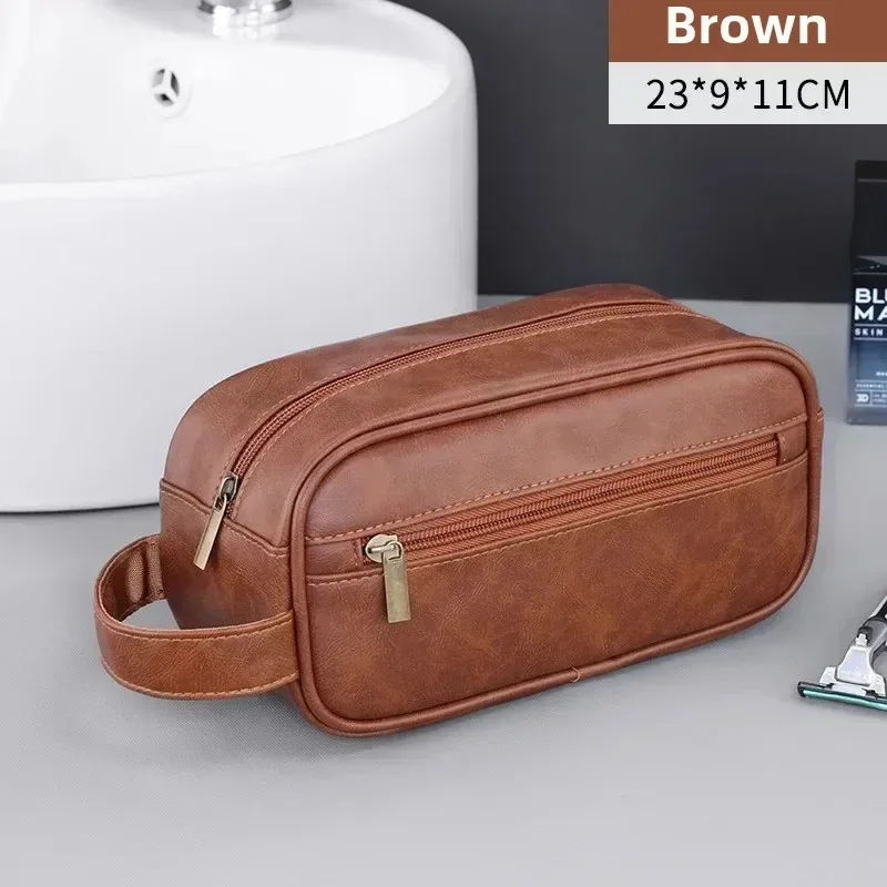 sac de lavage en cuir pour hommes, sac de voyage, voyages d'affaires, sac à cosmétiques portable, grande capacité, conception multi-poches, sac de lavage en cuir