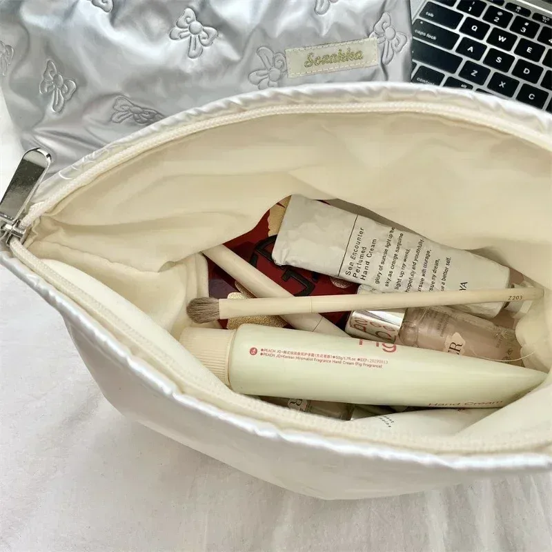 sac à cosmétiques matelassé coréen en pu avec nœud d'amour, pochette pour produits de soins de la peau, poche intérieure, sac de rangement multifonction pour maquillage et rouge à lèvres