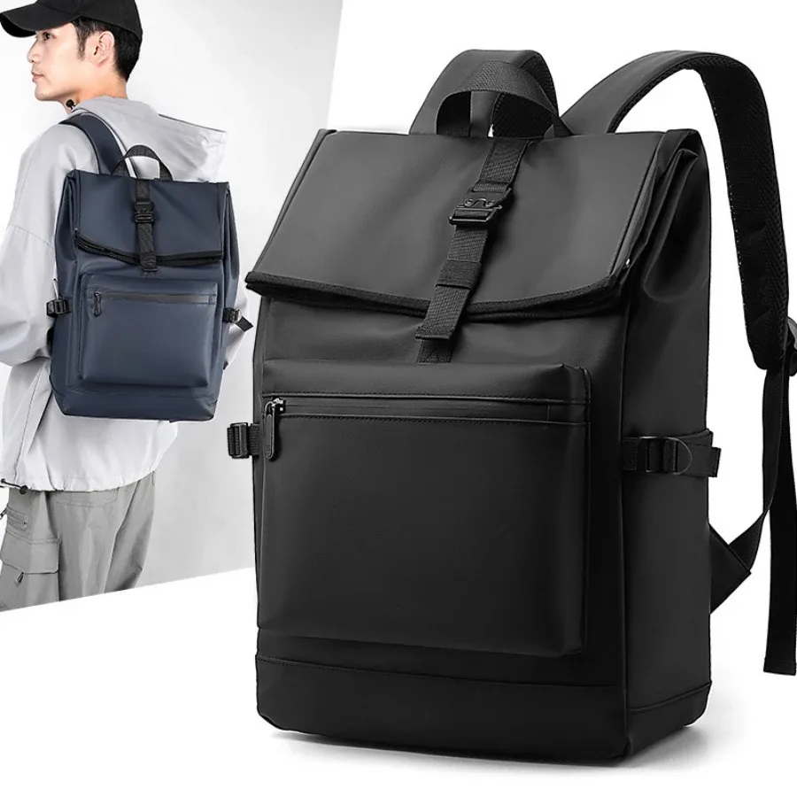 sac dos nylon noir design simple fonctionnel bandoulière arquée grand format polyester intérieur informatique décontracté voyage business