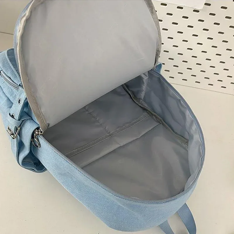sac dos jean polyester noir bleu beige forme rectangulaire poches latérales transparentes visibilité intérieure informatique ceinture air décontracté usage quotidien