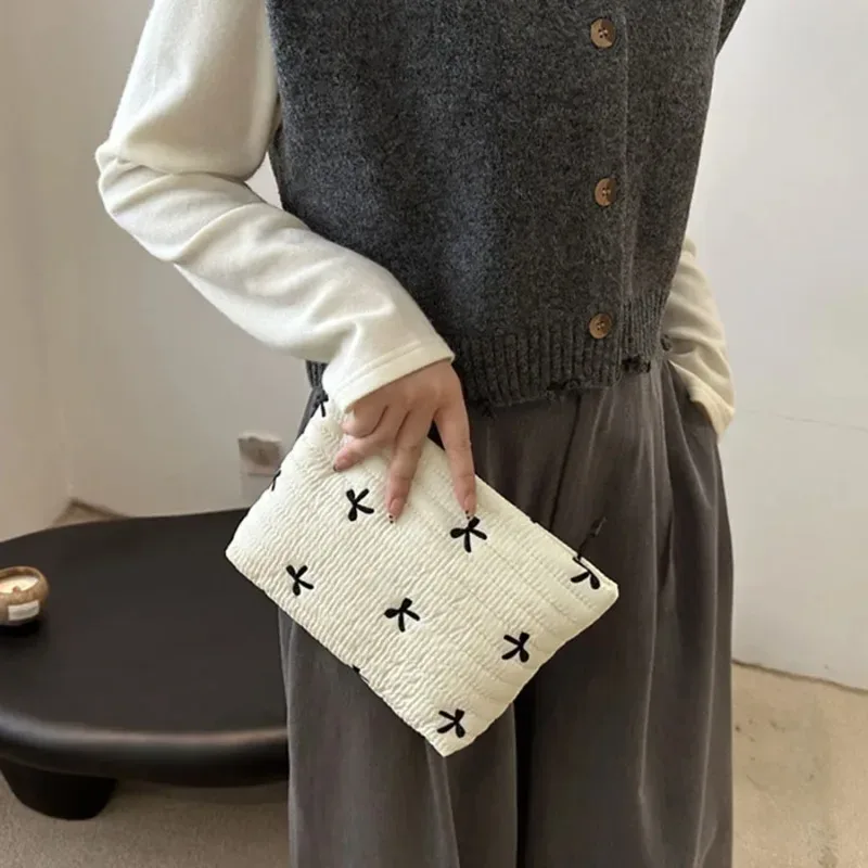 trousse de maquillage mignonne avec fermeture éclair, grande capacité, sac cosmétique brodé avec nœud, sac de rangement pour articles de toilette