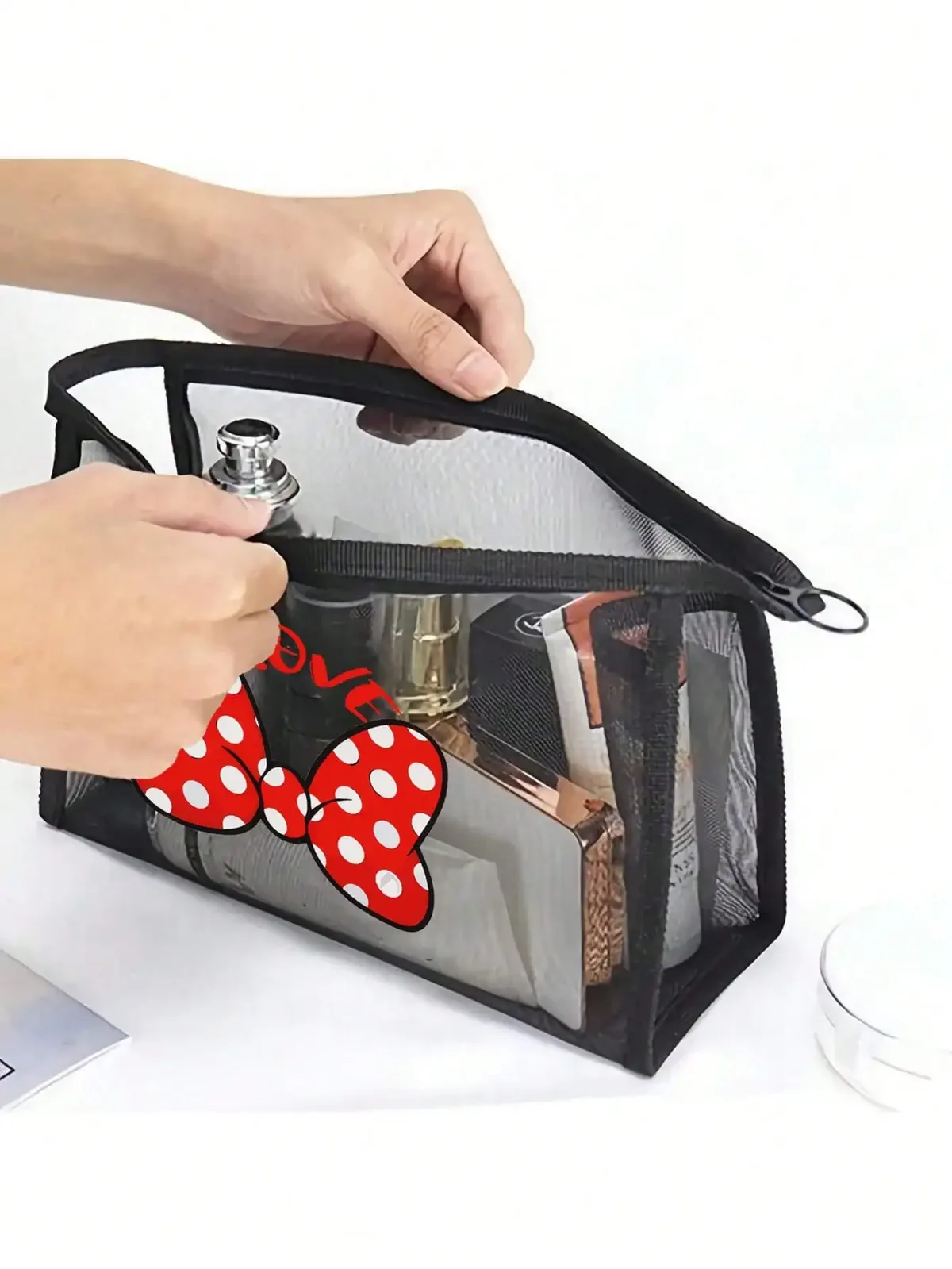 sac à cosmétiques de voyage en maille avec nœud noir, 1 pièce, trousse de maquillage à fermeture éclair pour femmes, trousse de toilette de lavage, organisateur de maquillage, pochette de rangement portable