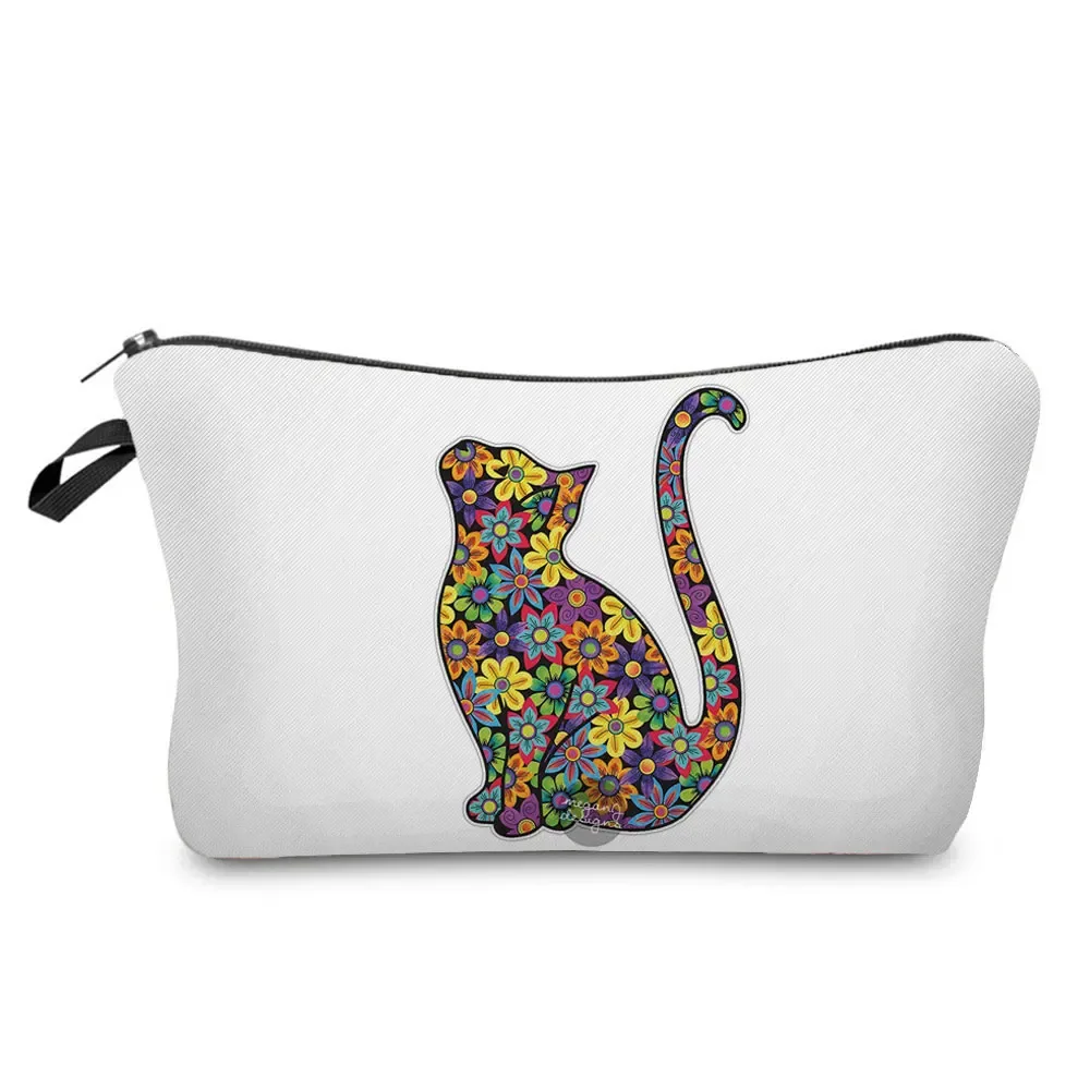 dessin animé fleur chien chat mignon imprimé femmes sac cosmétique en plein air portable voyage trousse de toilette personnalisable trousse de toilette trousse de maquillage