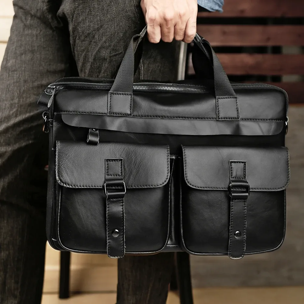 sacoche porte-documents cuir vache polyester noir poignée souple fermeture éclair design décontracté voyage business documents transport