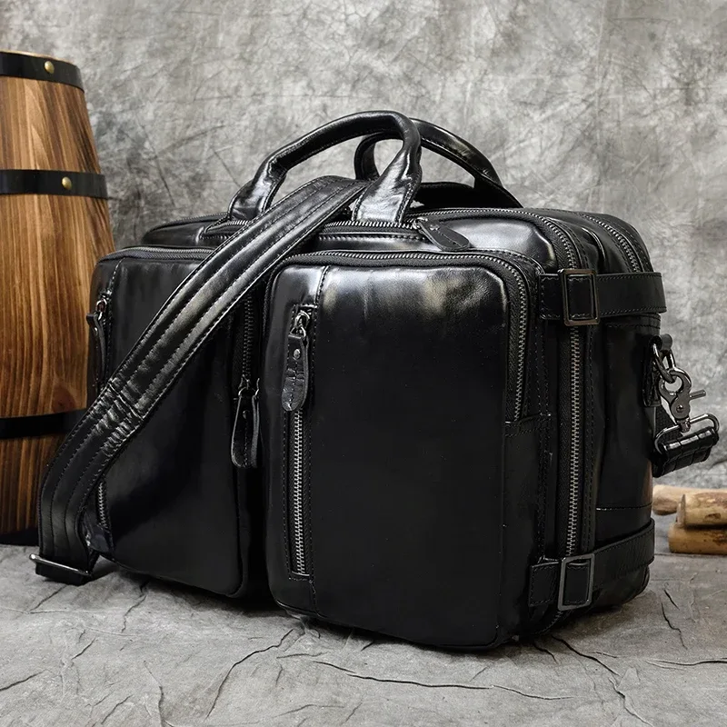 sac à dos en cuir de vache à double fermeture éclair, sac à bandoulière de bonne qualité, mallette de voyage et de bureau à double usage, en cuir pur