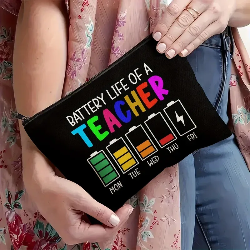 trousse de maquillage sur le thème des enseignants, avec un motif amusant illustrant la durée de vie de la batterie, fermeture éclair résistante, idéale pour les produits de beauté, les fournitures scolaires, les collations, pour les enseignants.