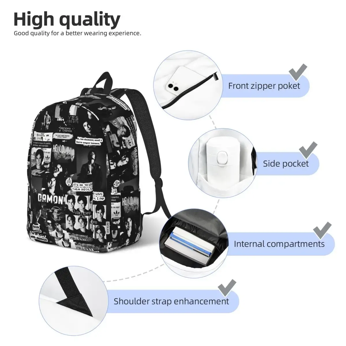 sac à dos en toile the vampire diaries pour hommes et femmes, sac à dos décontracté, série télévisée, extérieur, lycée, affaires, collège, damon salvatore