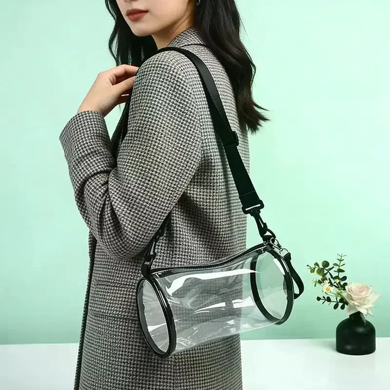 sac bandoulière transparent laser pour femme, mini sac messager cylindrique tendance en pvc, petit sac fourre-tout en gelée