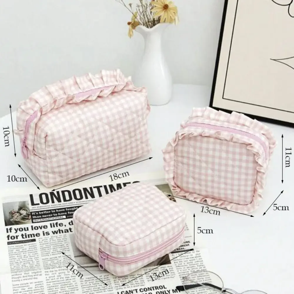 sac de maquillage portable, design matelassé, motif à carreaux, sac de rangement pour pinceaux de maquillage avec fermeture éclair, sac de toilette multifonctionnel pour les voyages