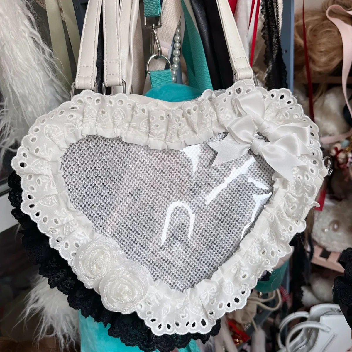 lolita fait à la main amour coeur dentelle fleur mignon sac à bandoulière douce fille étudiants arc fourre-tout sacs à main