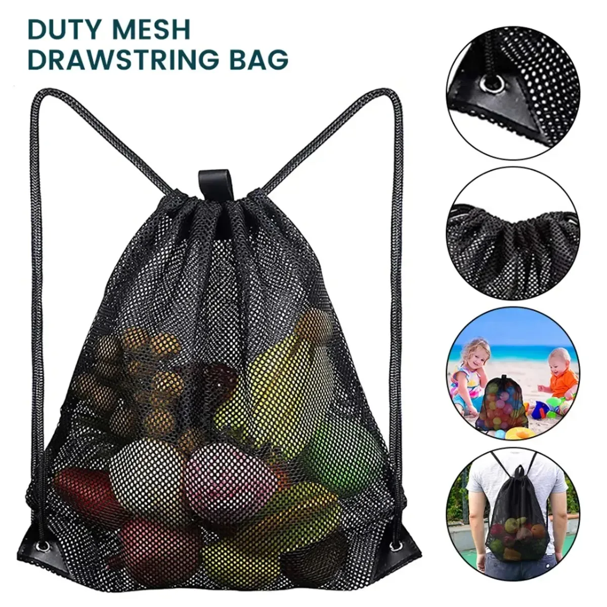 sac à cordon en maille noire avec coins renforcés, sac à dos léger en maille pour la plage, les courses, les jouets, la gym, les voyages et le rangement