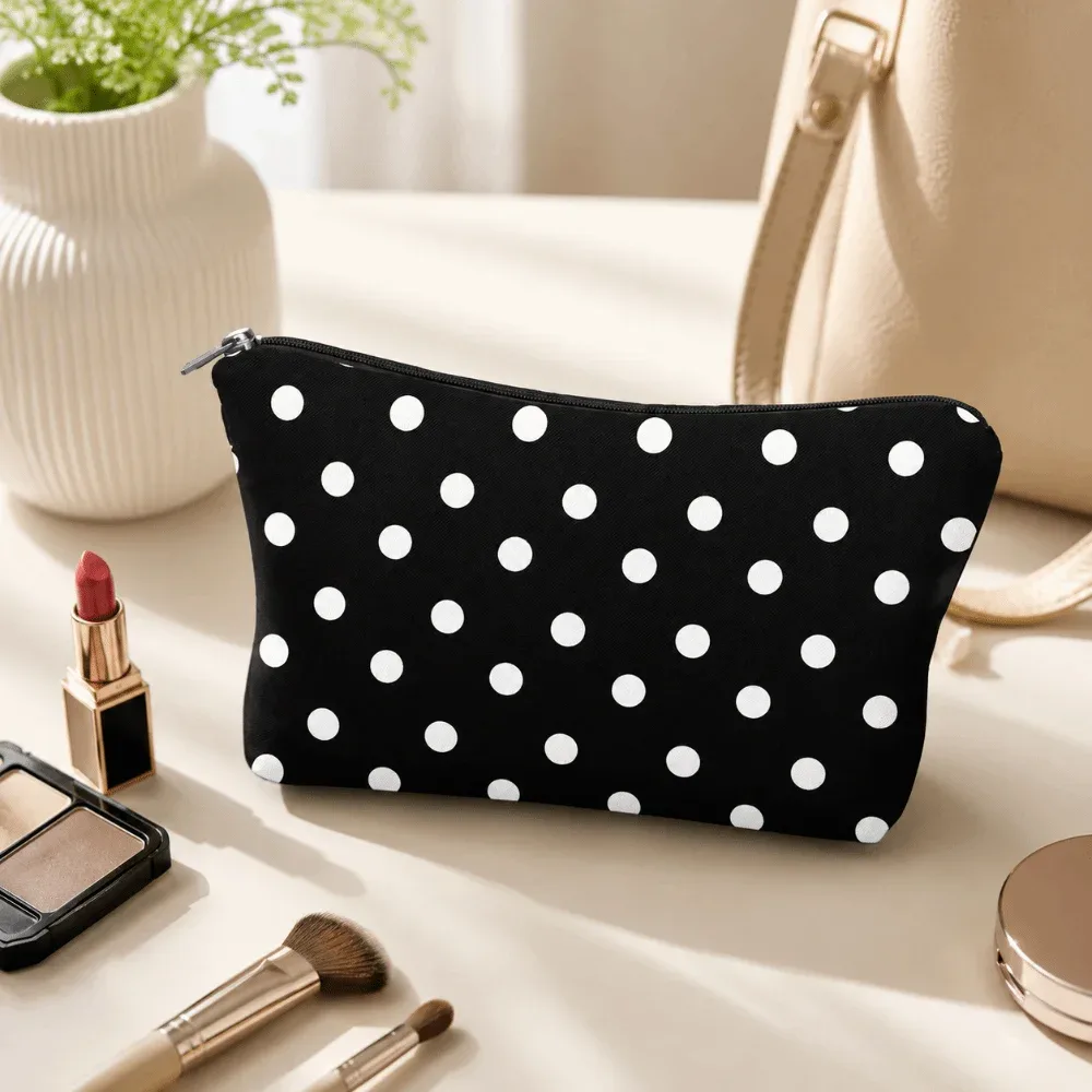 pochette de maquillage chic à pois en polyester, trousse de toilette portable avec fermeture éclair