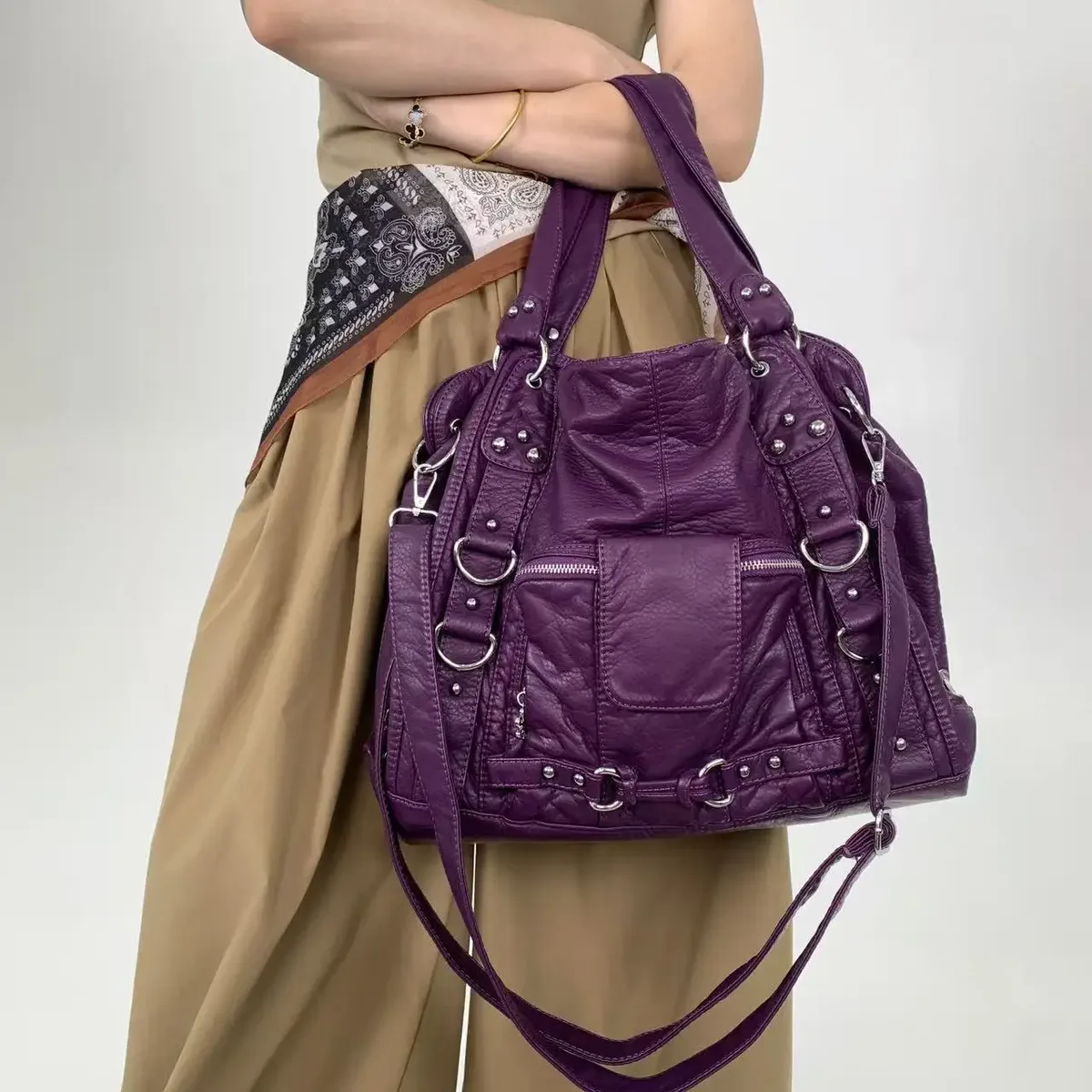 y2k fashion street – sac fourre-tout personnalisé pour femmes, grande capacité, rétro en détresse, sac à bandoulière en cuir végétalien pur