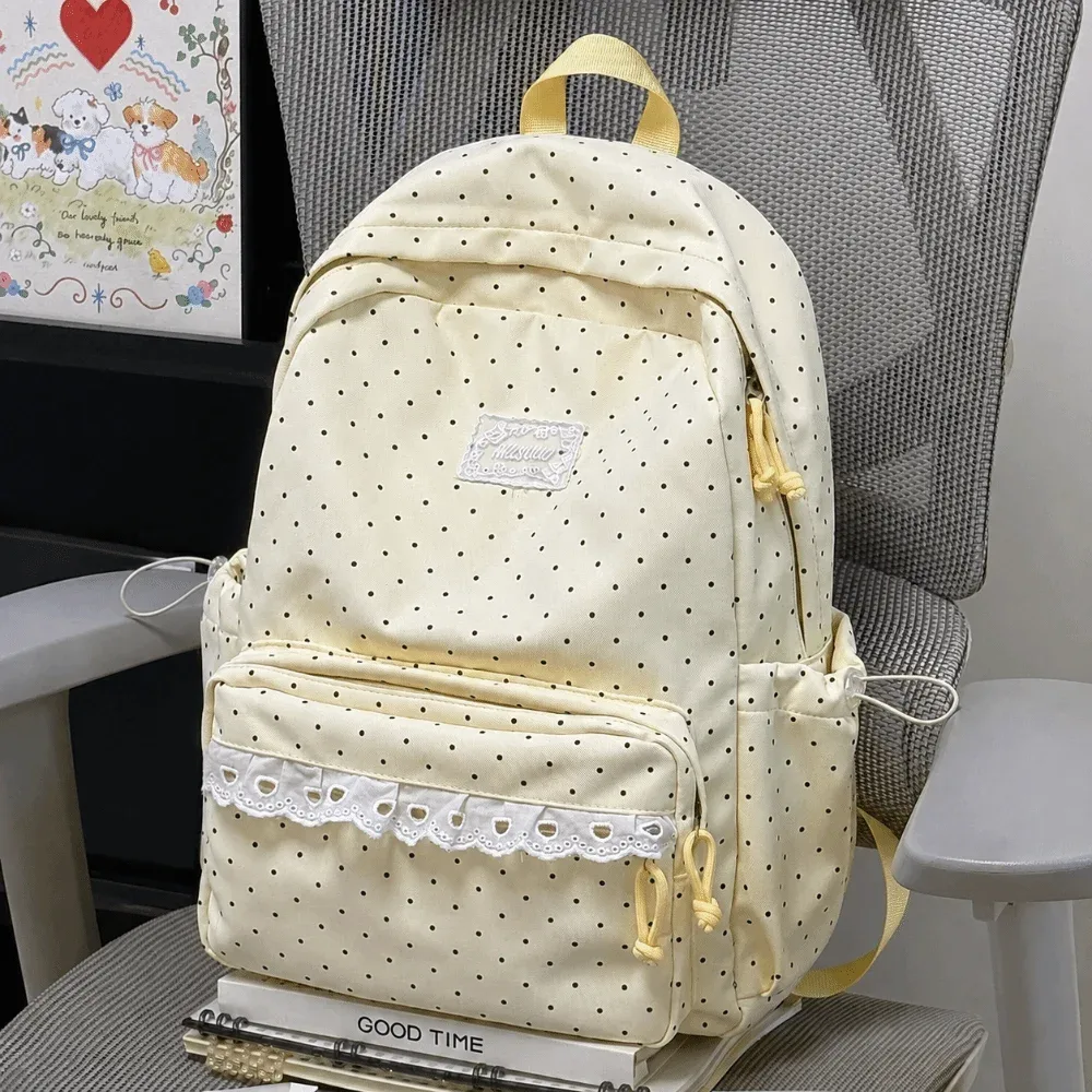 sac à dos de voyage à pois tendance avec dentelle en nylon, cartable d'étudiant grande capacité, sac à dos multi-poches pour ordinateur portable