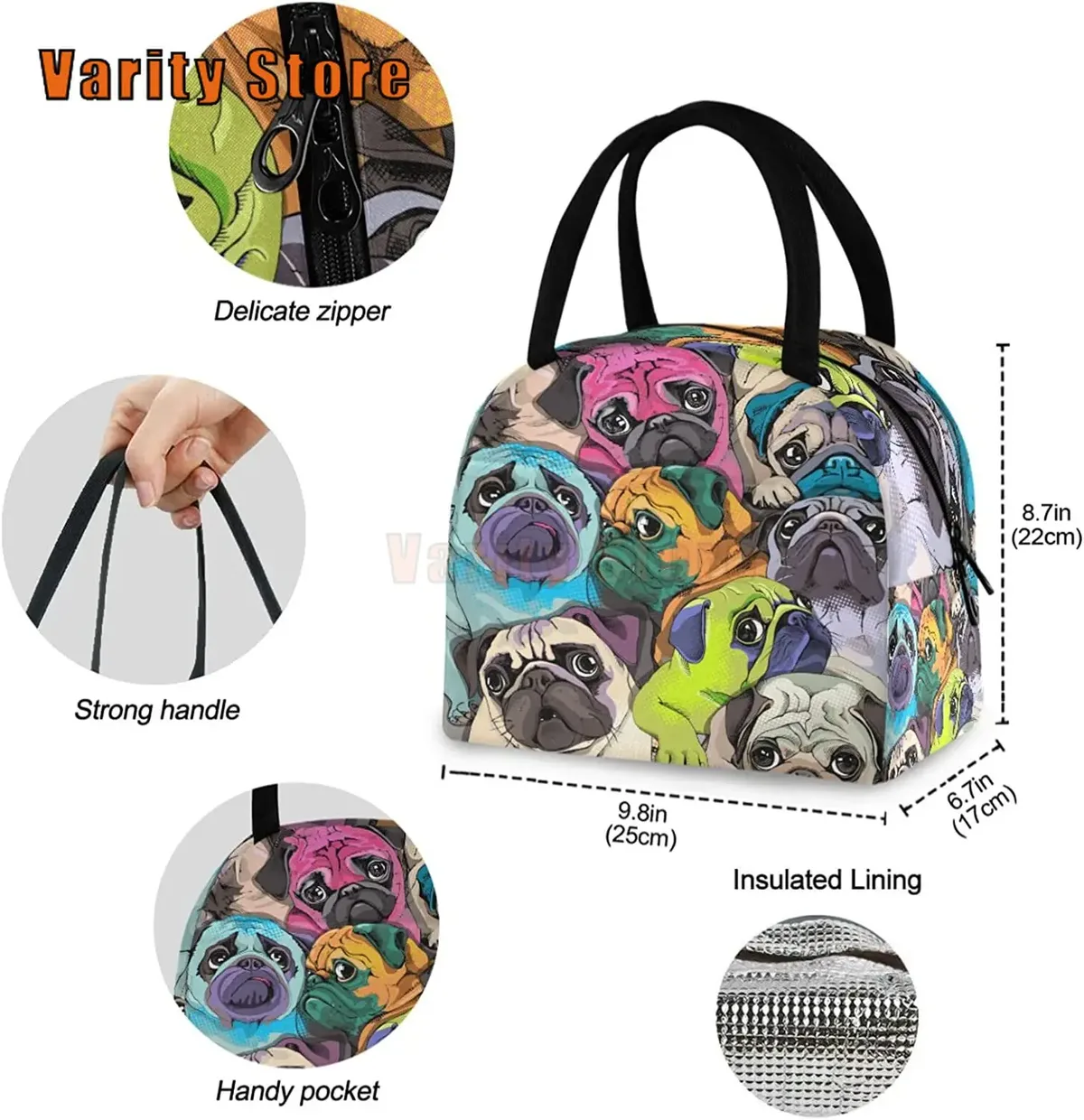 pop art pdpdogs-sac fourre-tout à déjeuner réutilisable avec poche avant, sac isotherme thermique isolé pour la rentrée scolaire, le travail, le pique-nique