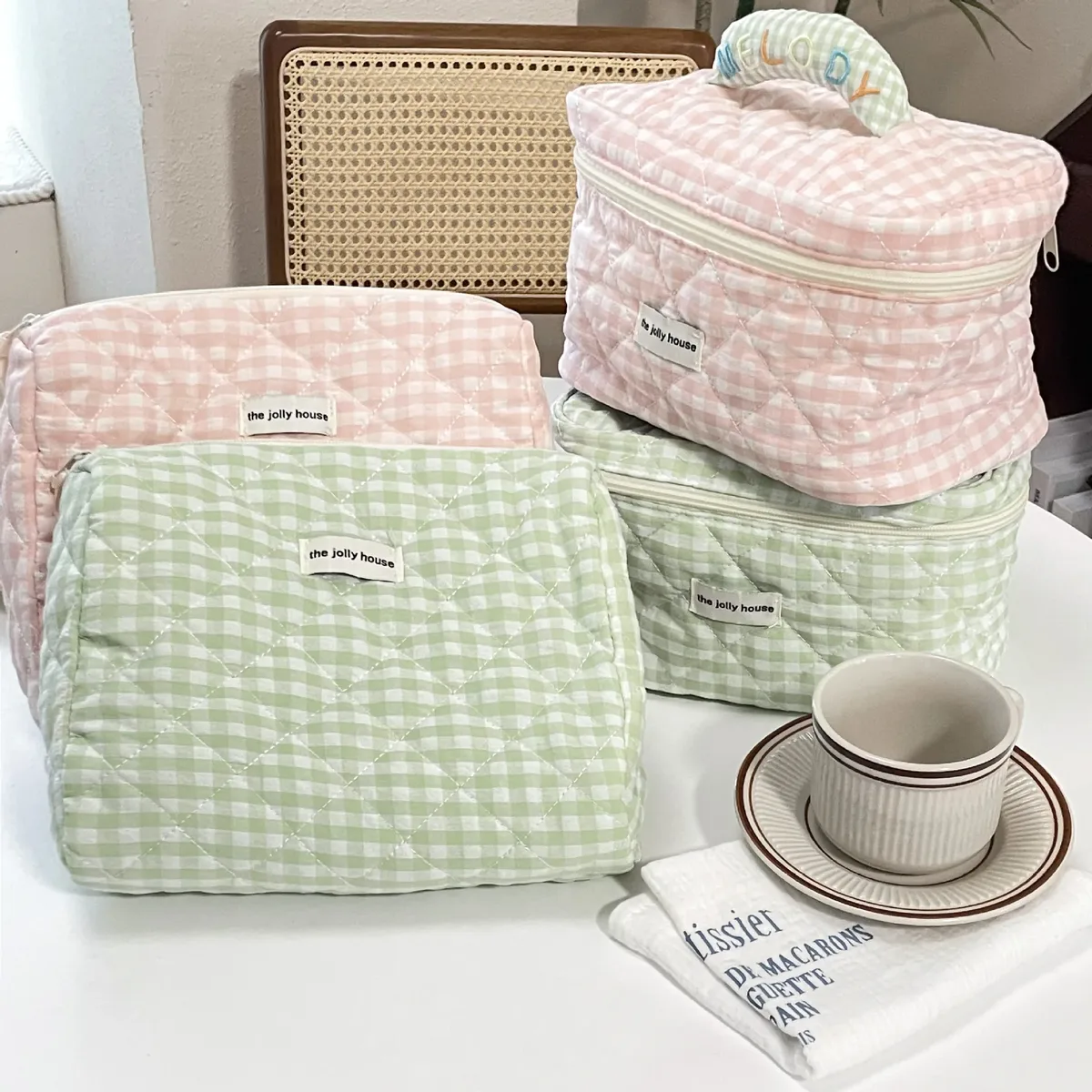trousse de maquillage matelassée en coton à carreaux rose et vert grande capacité style coréen mignon portable sac de rangement cosmétique et trousse de toilette