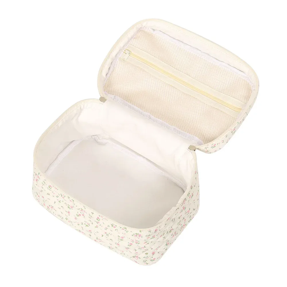 sac de maquillage à main avec nom brodé personnalisé, sac de rangement portable en coton floral de grande capacité, sac à cosmétiques de voyage en plein air