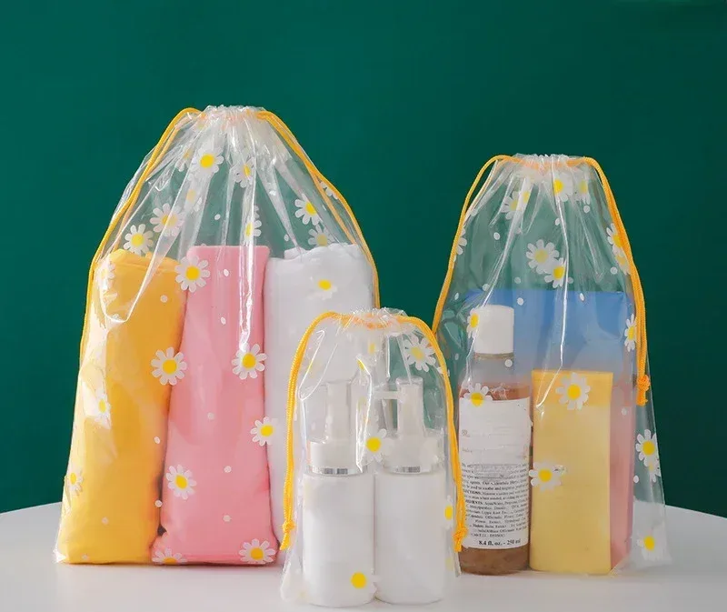 sac à cosmétiques transparent en pvc avec cordon de serrage, 1 pièce, trousse de maquillage transparente pour filles, trousse de beauté portable étanche, trousse de toilette de voyage