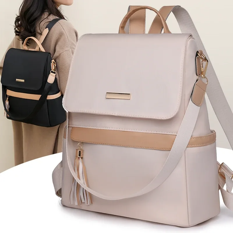 sac dos polyester beige noir gris bandoulière poignée souple fermeture éclair integree usage voyage femenin classique