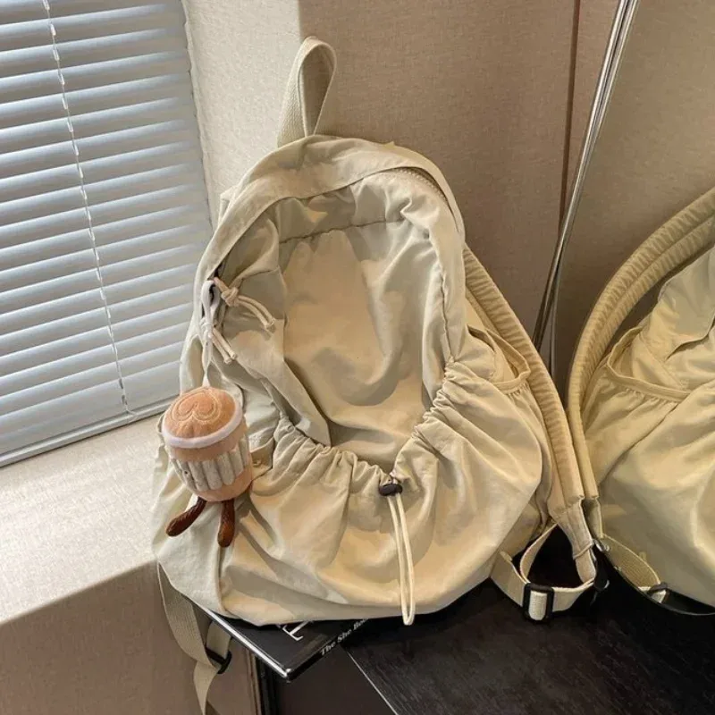 sac dos nylon beige pliant grande capacité voyage étudiant lycée scolaire pli cartable sac dos