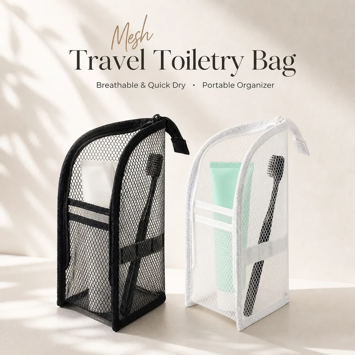 sac de toilette de voyage en maille, organisateur de cosmétiques respirant, pochette portable à fermeture éclair pour ranger le dentifrice et la brosse à dents dans la salle de bain