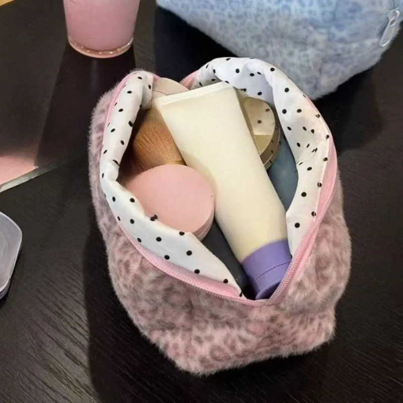 trousse de maquillage grande capacité imprimé léopard rose, organisateur cosmétique rose bleu, pochette de voyage pour filles