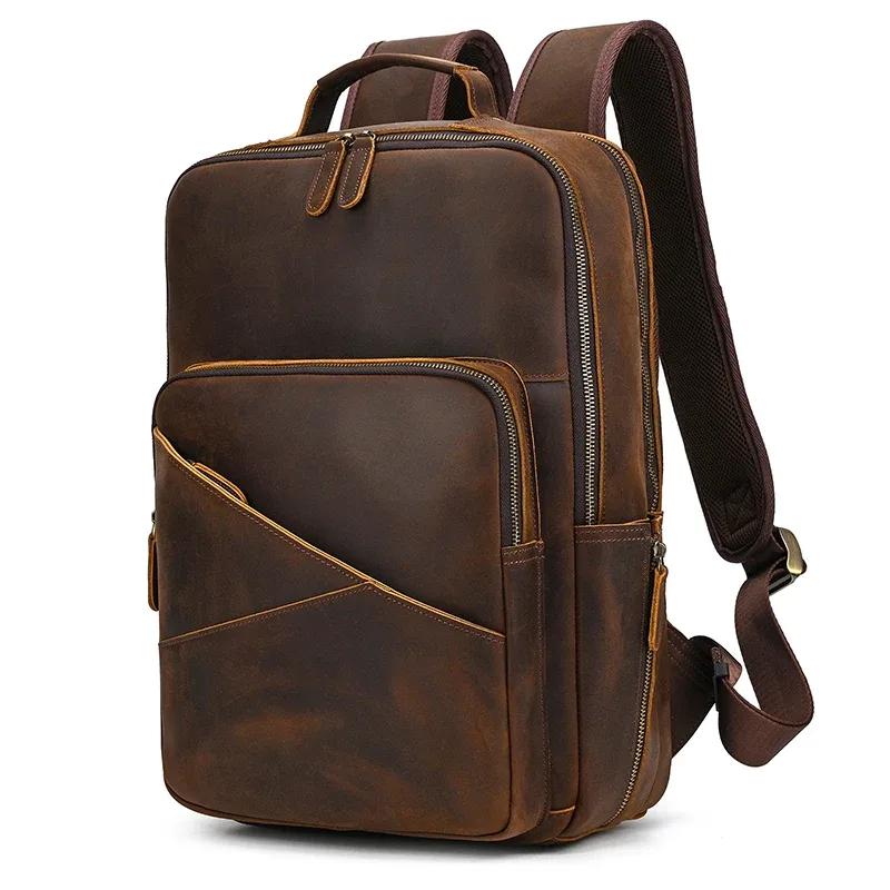 sac dos cuir vache marron vintage robuste bandoulière amovible poches zippees polyester 20 35 litres voyage école affaires