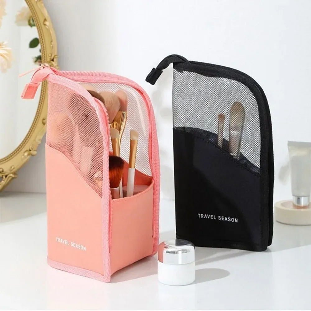 sac de rangement pour pinceaux de maquillage, pliable, en maille transparente, support vertical, étui cosmétique portable à séchage rapide pour femmes, rangement de voyage et de bureau