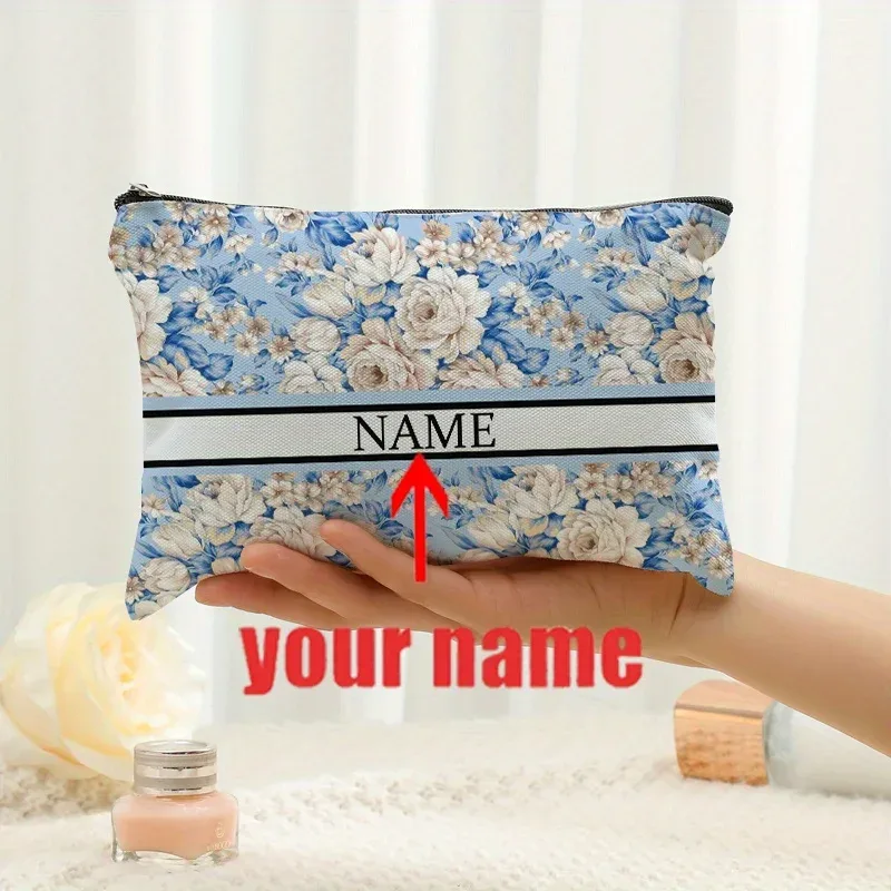1 pièce trousse de maquillage personnalisée avec nom et motif floral imprimé, sac de rangement de voyage pour articles de toilette, organisateur de cadeaux de fête, pochette cosmétique