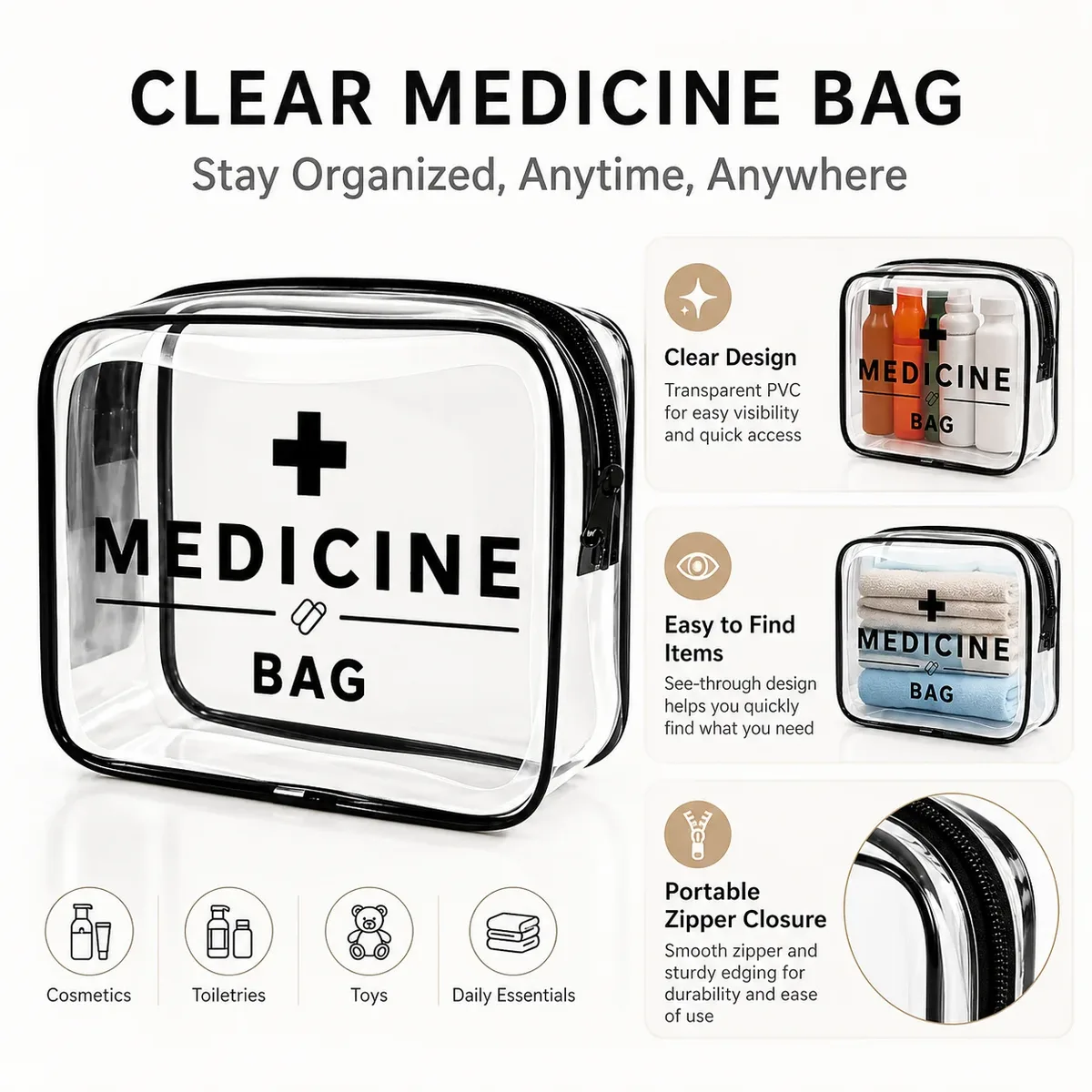 sac à médicaments transparent portable, organisateur de premiers secours transparent, grande capacité, étui de rangement à fermeture éclair pour les voyages et les urgences à domicile.