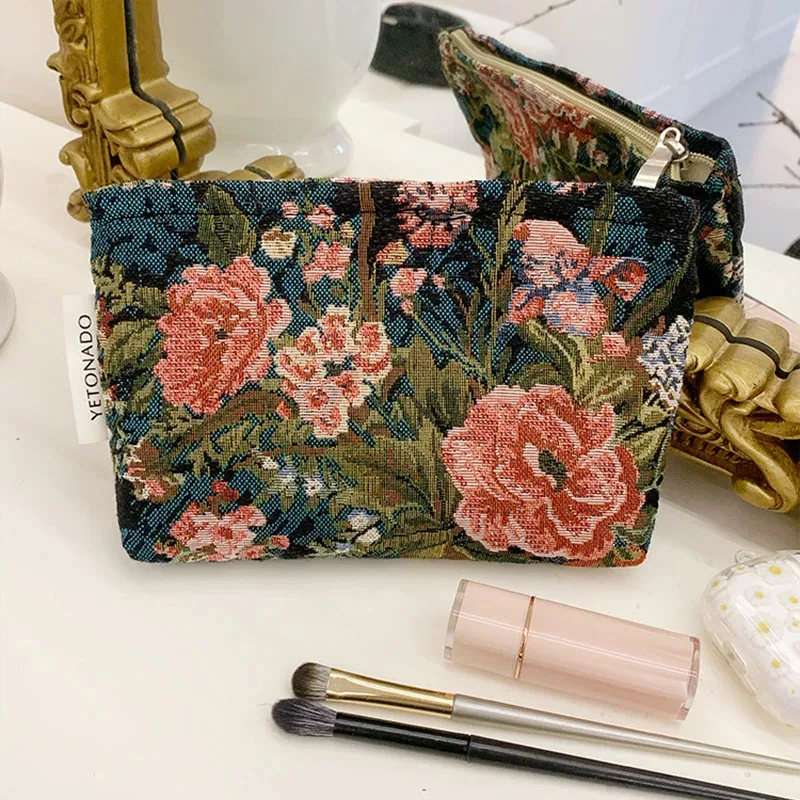 ins style vintage fleurs sac cosmétique portable main sac cosmétique voyage trousse de toilette sac de rangement outils de maquillage pochette de rangement