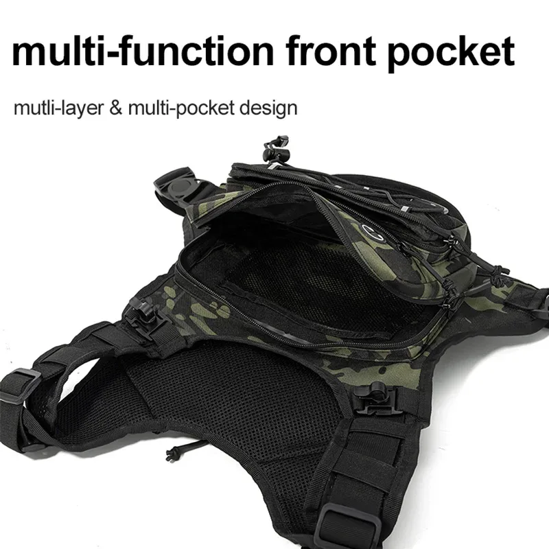 sac tactique multifonctionnel : gilet de poitrine, sac à dos, sacoche de poitrine réfléchissante pour le camping, la chasse, la course à pied, le cyclisme et les voyages, avec poche d'hydratation intégrée pour homme