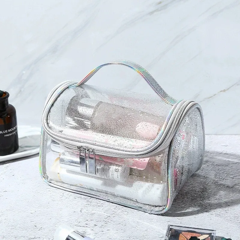 sac à cosmétiques de voyage transparent étanche de grande capacité, pochette de rangement de maquillage portable en pvc, trousse de toilette à fermeture éclair