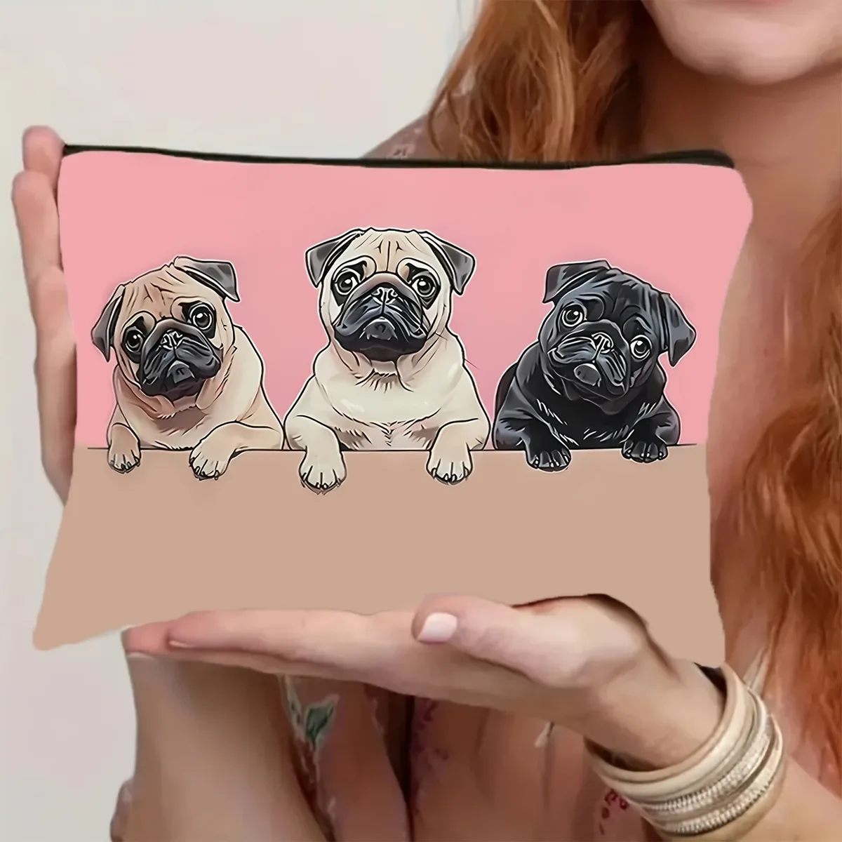 pochette voyage polyester chien mignons motif rose beige blanc noir trousse maquillage rectangulaire organisateur cosmétiques