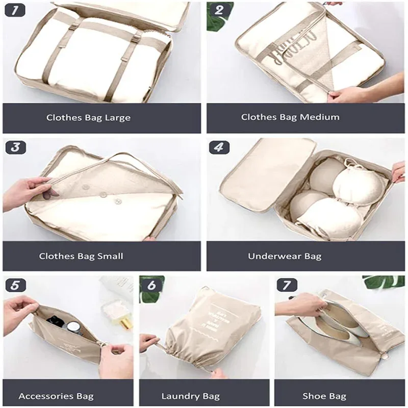 organisateur voyage polyester beige clair tissu imperméable poches maille transparente fermetures glissière poignées intégrées grande taille