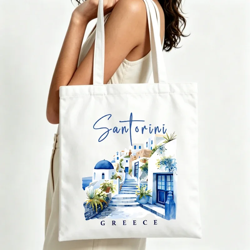 sac fourre-tout en toile pour femme, imprimé village de santorin en grèce, design artistique pour les voyages d'été et les sorties décontractées