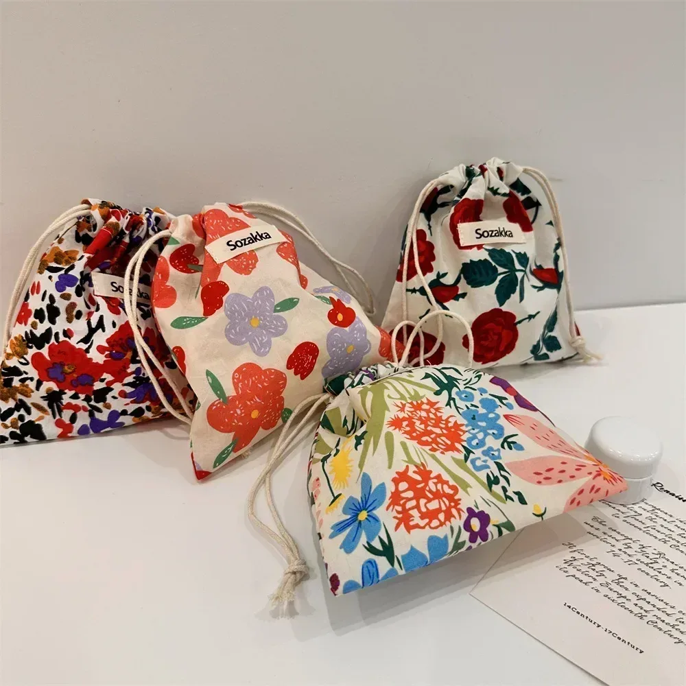 sacs à main en tissu de coton floral, petit sac à cordon de proximité, rouge à lèvres, trousse de toilette, trousse de maquillage, pochette à monnaie, sac de rangement pour écouteurs prédire