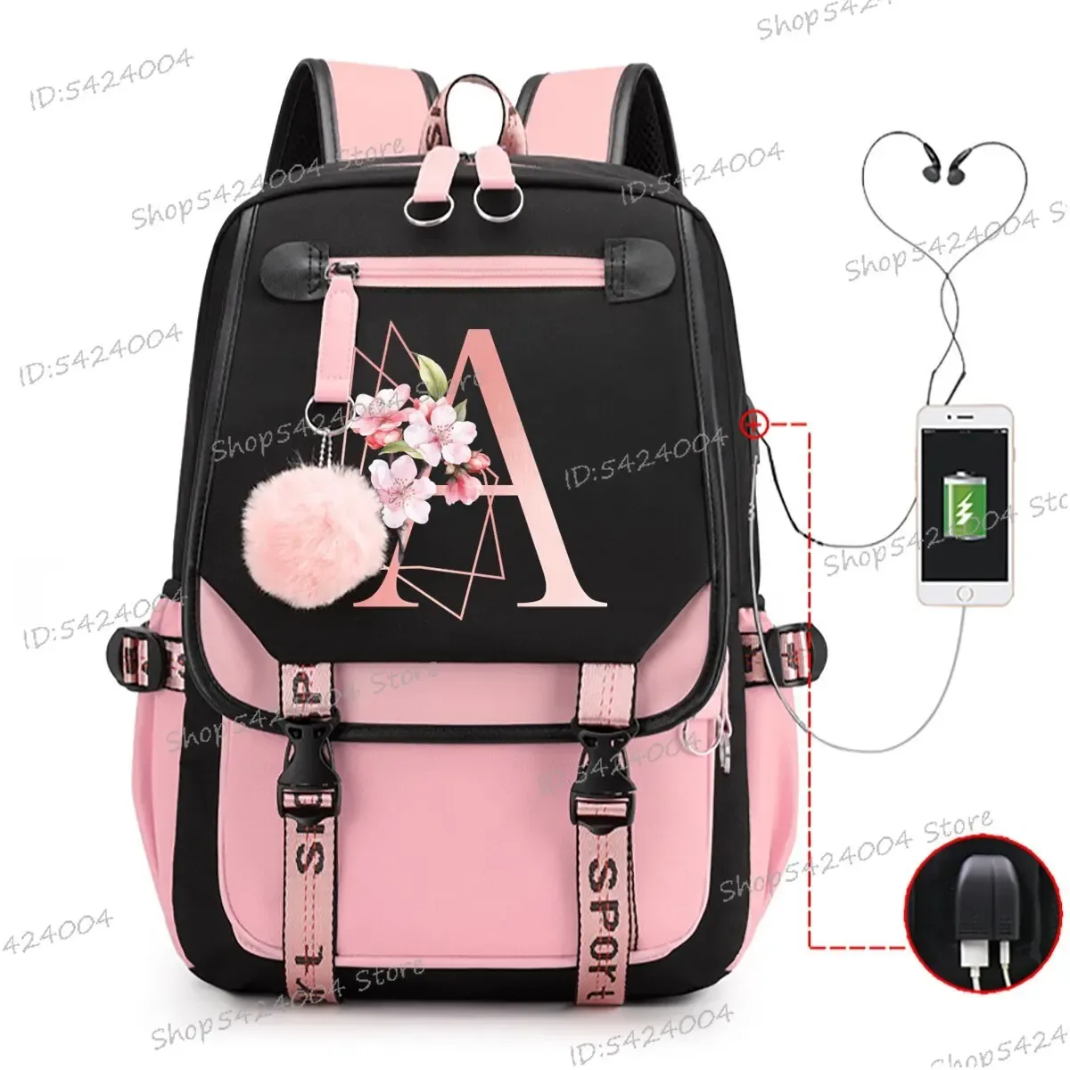 sac dos nylon unisexe rose noir lettre initiale motifs floral personnages voyage adolescents toile interne ordinateur poche fentes compartiments