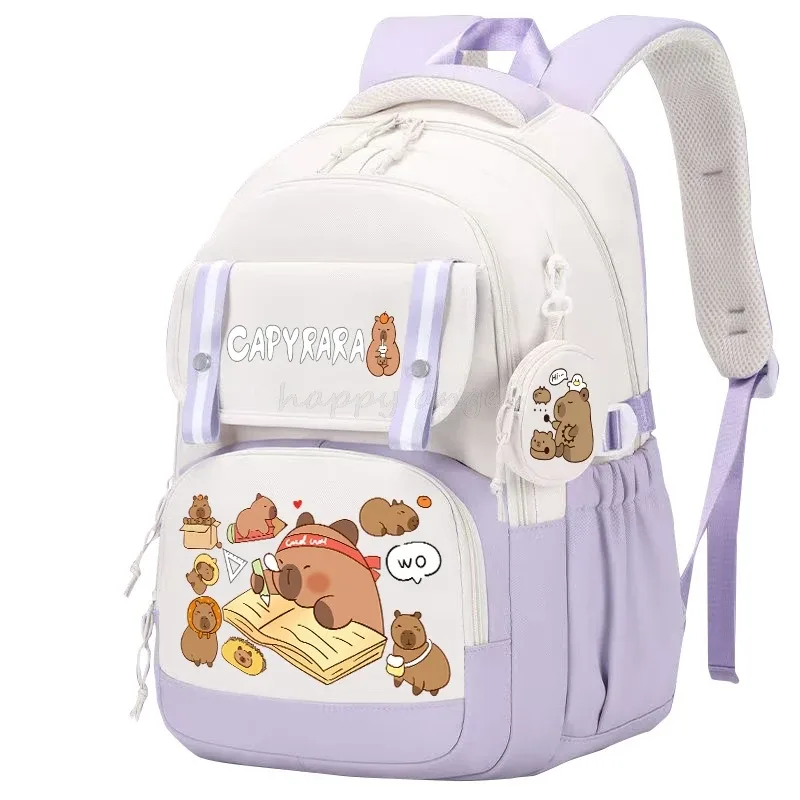 sac dos toile capybara dessin animé tissu doux fond blanc accents roses bleus poche rabat décoration dentelle jacquard ultra léger usage école collège adolescents