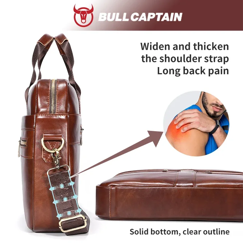 sac à main pour homme bullcaptain, sacoche d'affaires en cuir de haute qualité, sac à bandoulière, sac de bureau, sac pour ordinateur portable 14 pouces