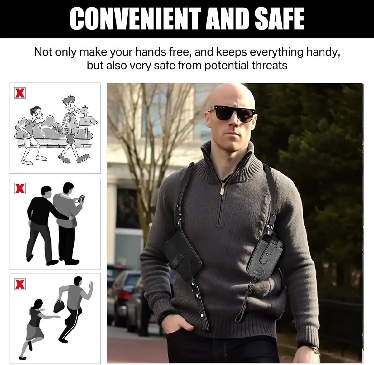double sac à bandoulière en cuir pu, antivol, sangle cachée sous les bras, portefeuille, étui pour téléphone, pochette de loisirs pour gilet de sport, voyage en plein air