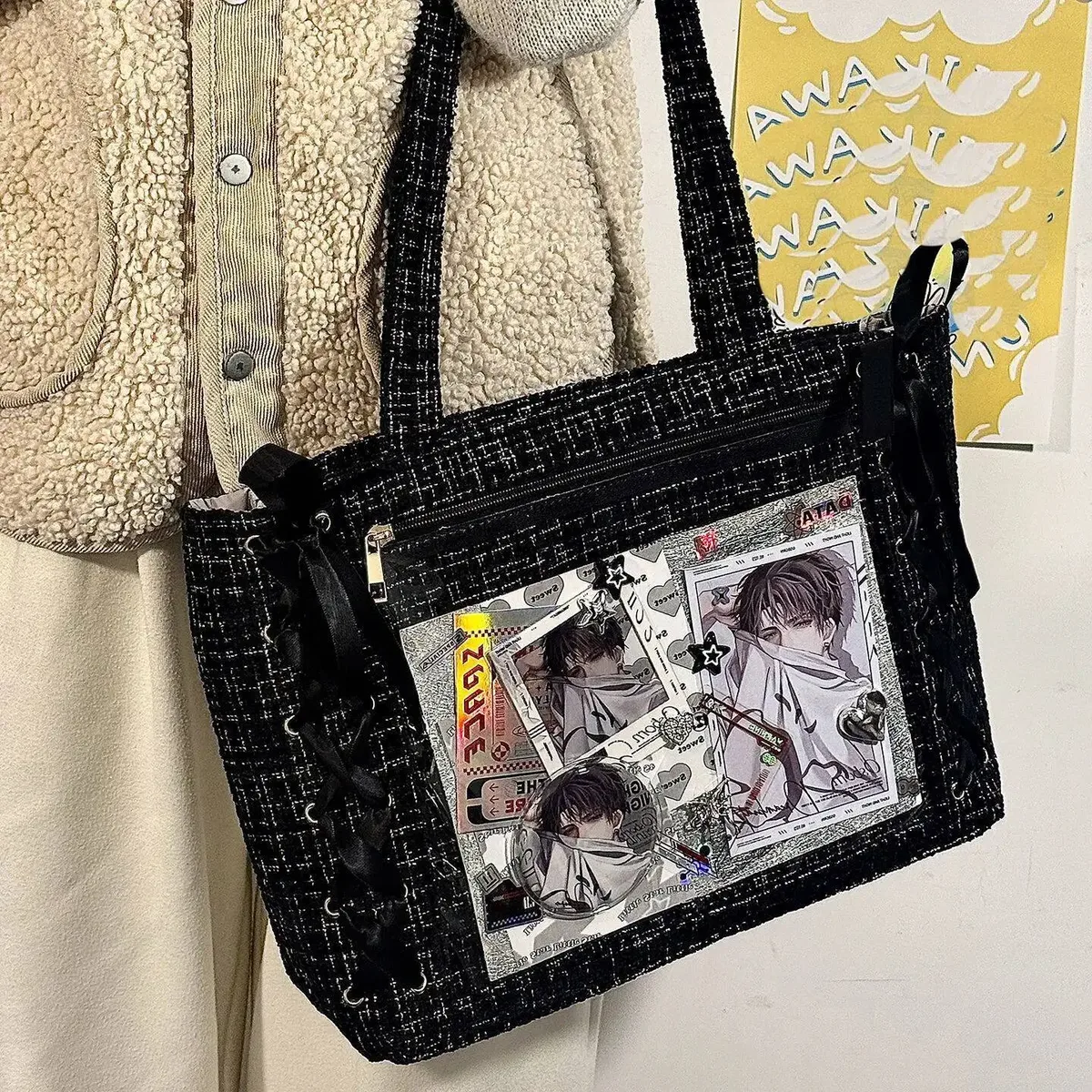 nouveau sac à bandoulière y2k avec nœud en ruban, style japonais ita, pochette transparente mignonne pour fille, grande capacité, sac fourre-tout à bandoulière, sacs à main diy pour affichage