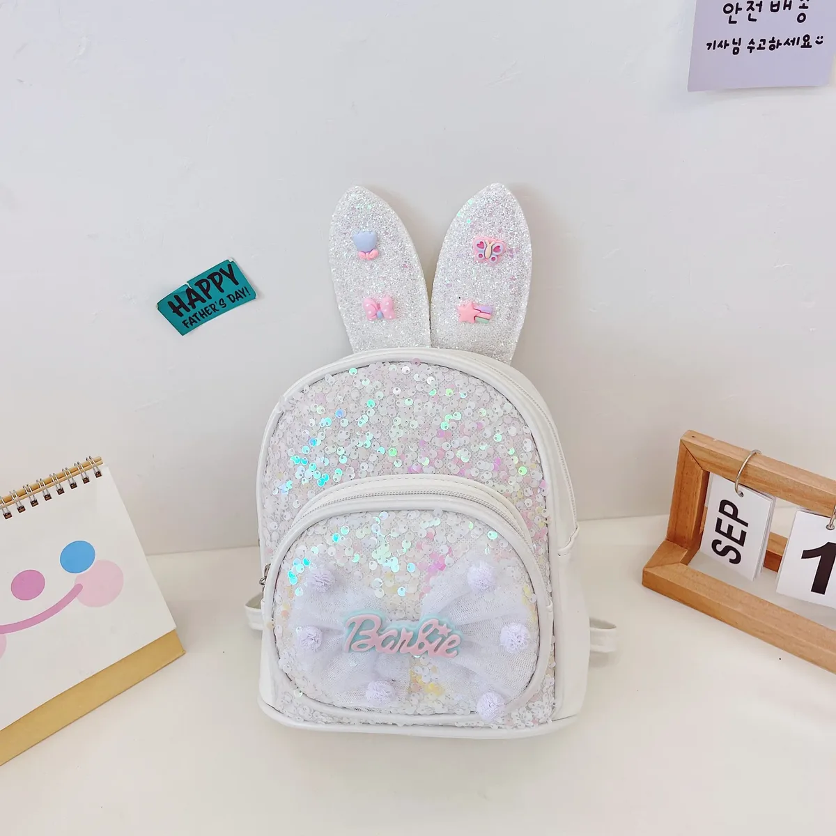 sac à dos brodé de campus de maternelle, sac de dessin animé de princesse à paillettes, sac à dos d'oreille longue à grand nœud mignon personnalisé, sac de collation d'extérieur