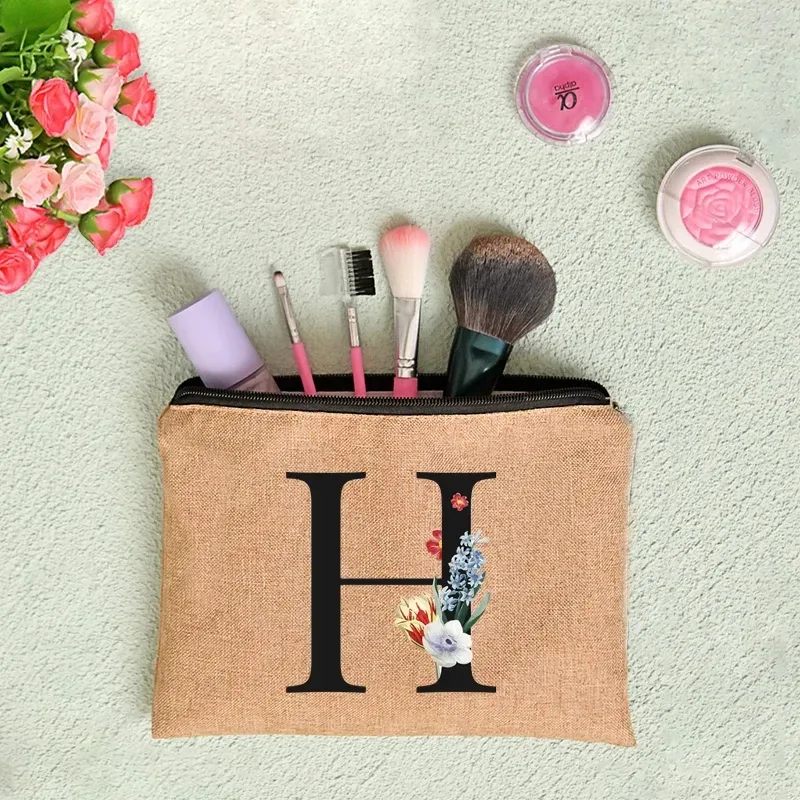 pochette en lin à fermeture éclair pour femmes, imprimé de lettres florales, étui de rangement de voyage, sac à cosmétiques, trousse de maquillage, sacs de maquillage de demoiselle d'honneur