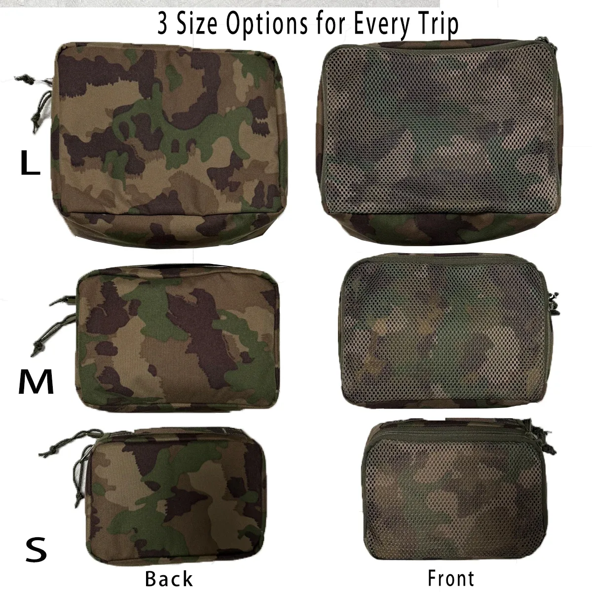 trousse toilette nylon personnalisable camouflage vert marron beige cosmétiques maquillage voyage set trois pièces légère