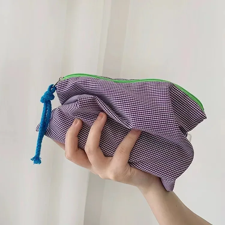 pochette de maquillage en nylon à carreaux, élégante et portable, organiseur extérieur pour câbles, articles divers, pochette de rangement cosmétique