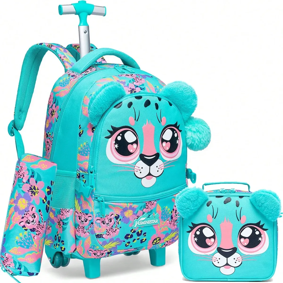 Sac à dos roulant 3 pièces pour filles, avec roulettes pour élèves du primaire, sac à bagages à main 3 en 1, valise de voyage pour enfants